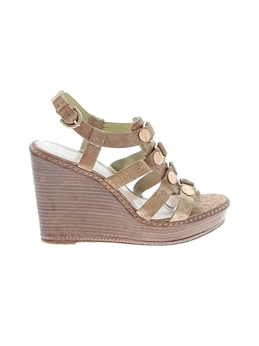 COACH Mallorie Metallic Gold Wedge Platform Sandals Size 8.5 Leather Faux Wood